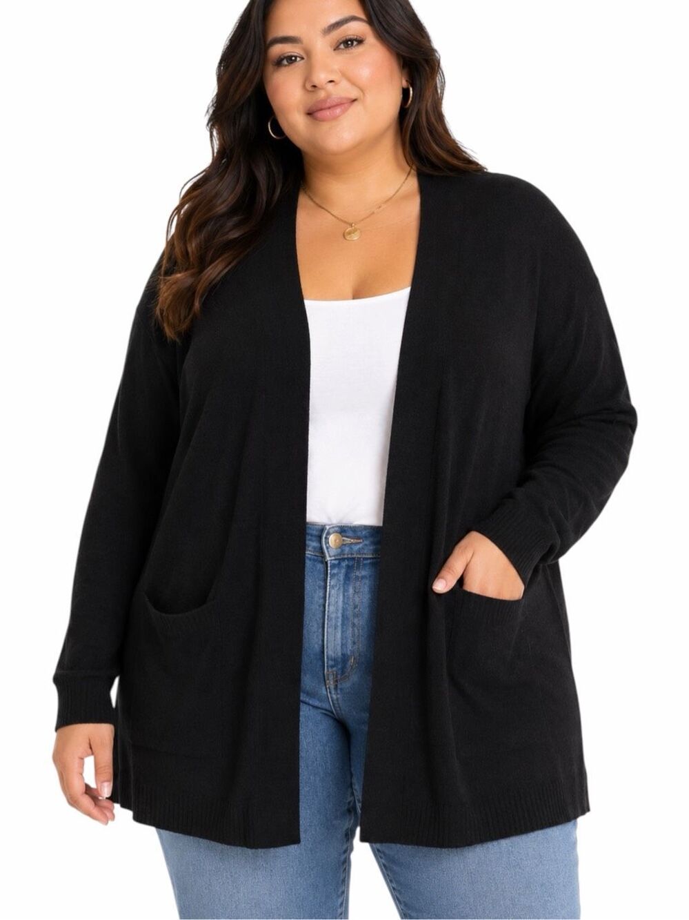 ELLOS Black Open Front Longline Cardigan Sweater Pockets Plus Size 4X
